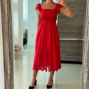 A Beautiful Deep Red Ruffle Midi Dress!